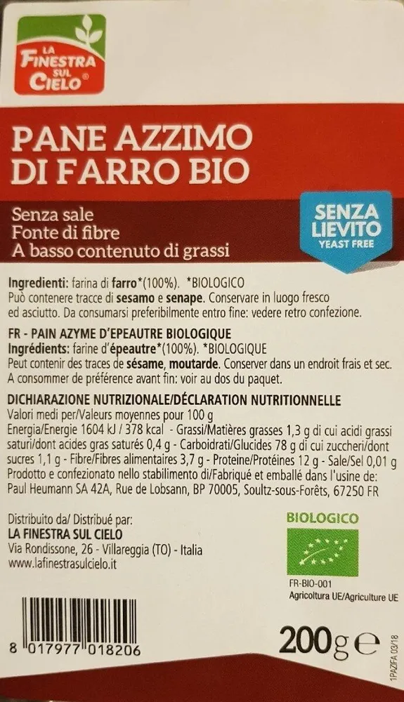 Pain azyme d'épeautre bio