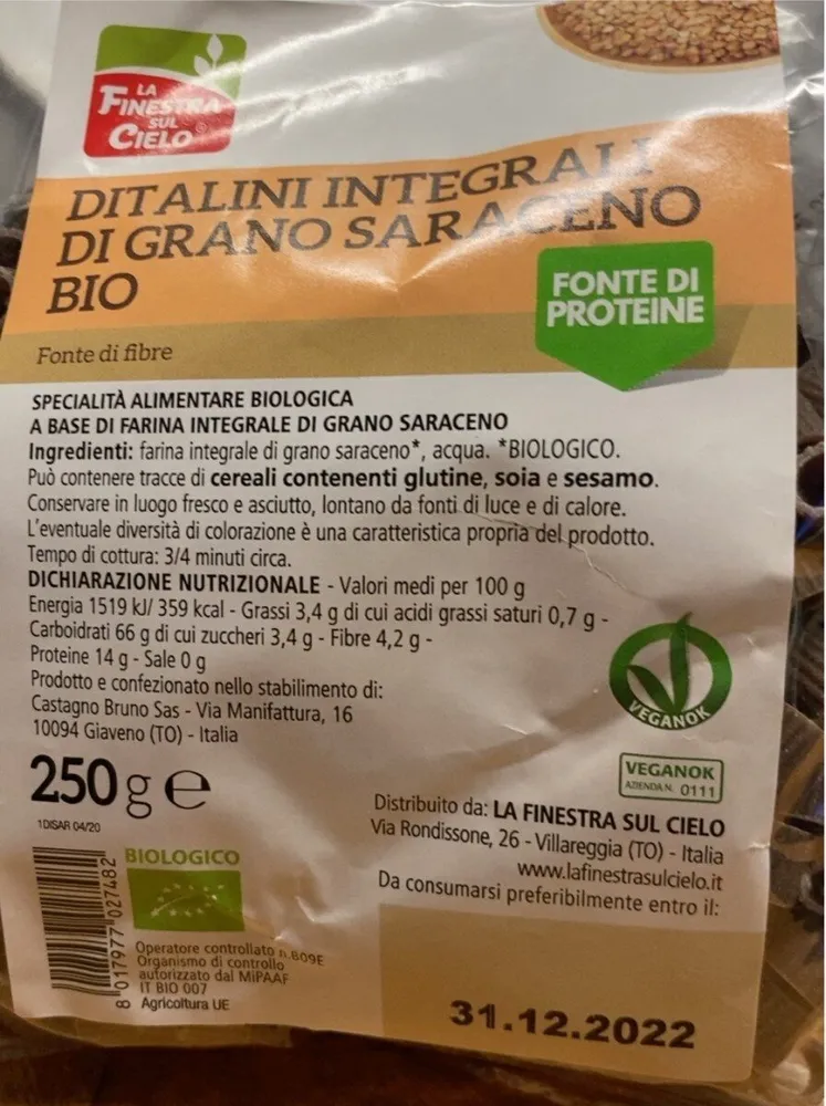 Ditalini integrali di grano saraceno bio