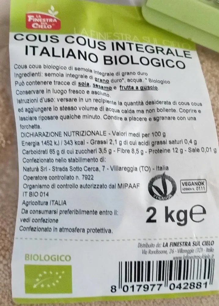 Cous cous integrale italiano biologico