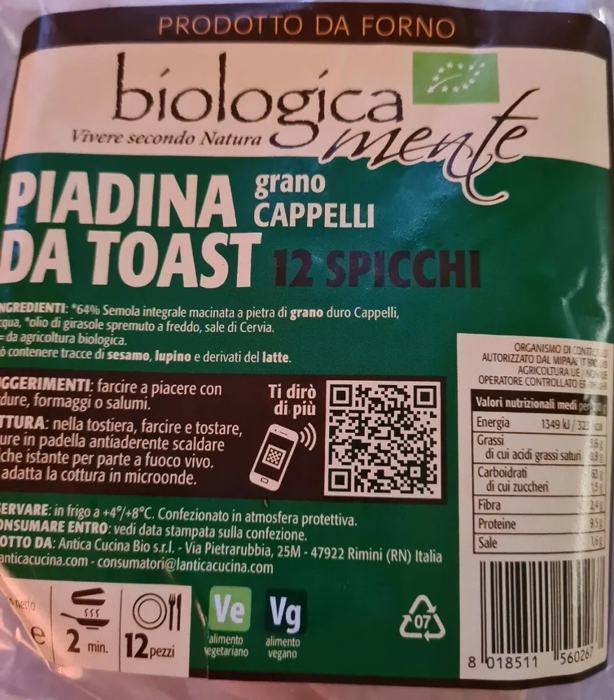 Piadina da toast grano Cappelli 12 spicchi