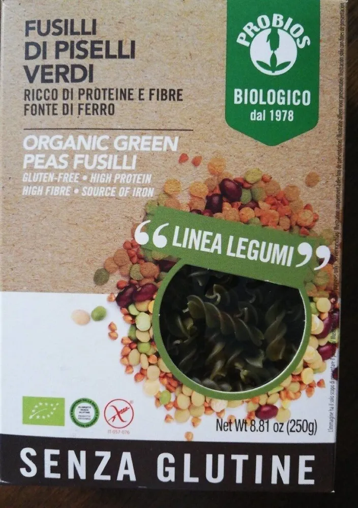 Organic green peas fusilli