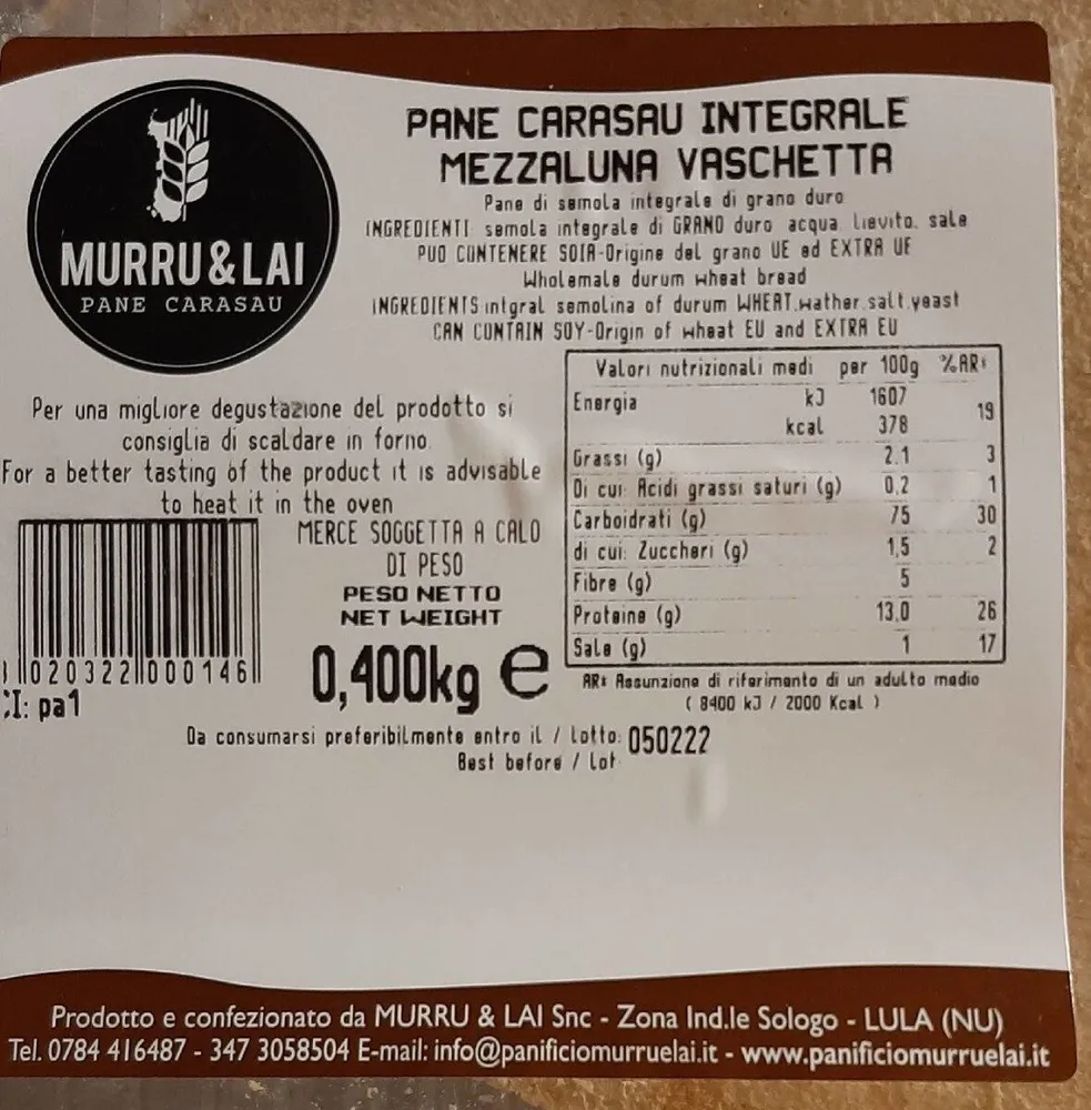 Pane carasau integrale mezzaluna vaschetta