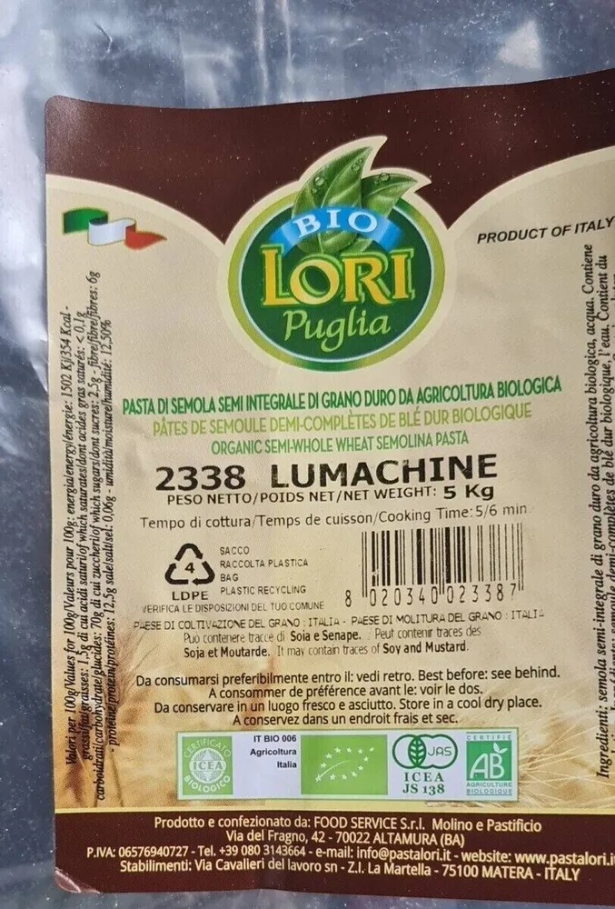Pâtes de semoule demi-completes de blé dur biologique