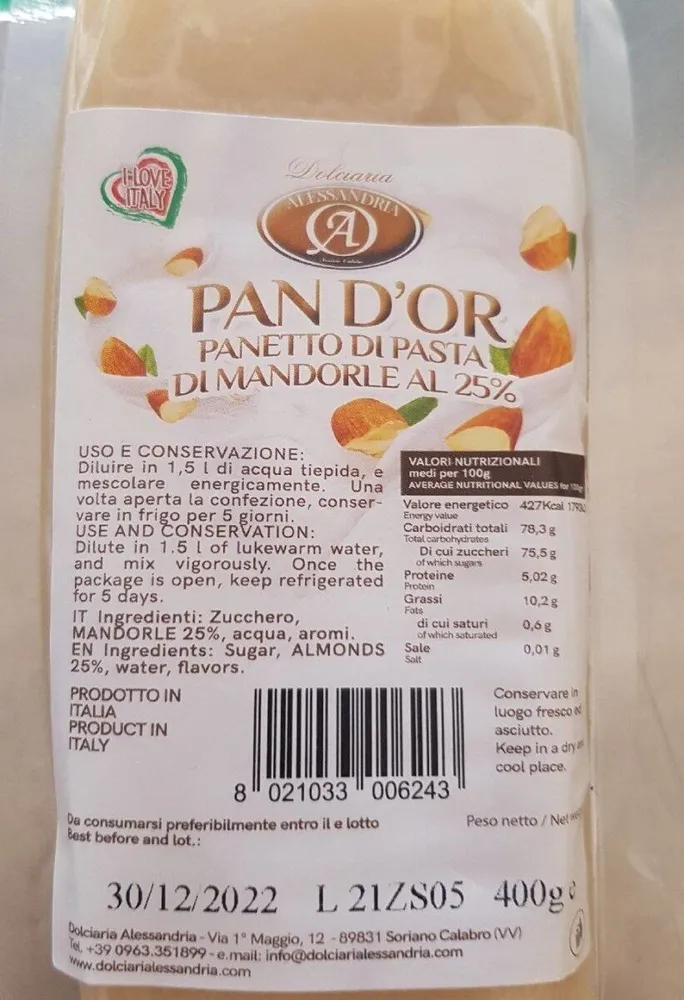 Pan D'or panetto di pasta di mandorle al 25%