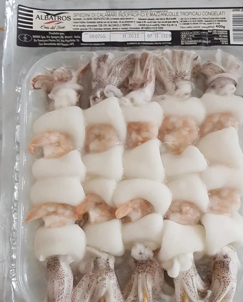 Spiedini di calamari indopacifici e mazzancolle