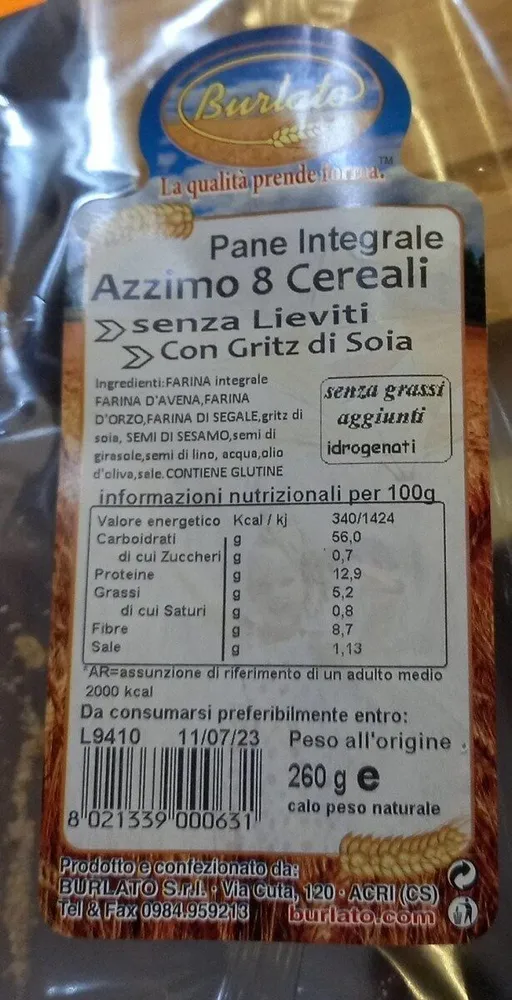 pane integrale azzimo 8 cereali