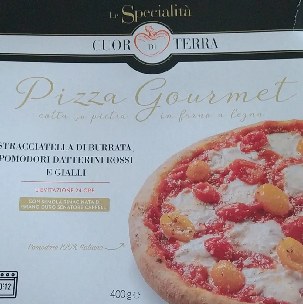 Pizza gourmet stracciatella di burrata, datterini rossi e gialli