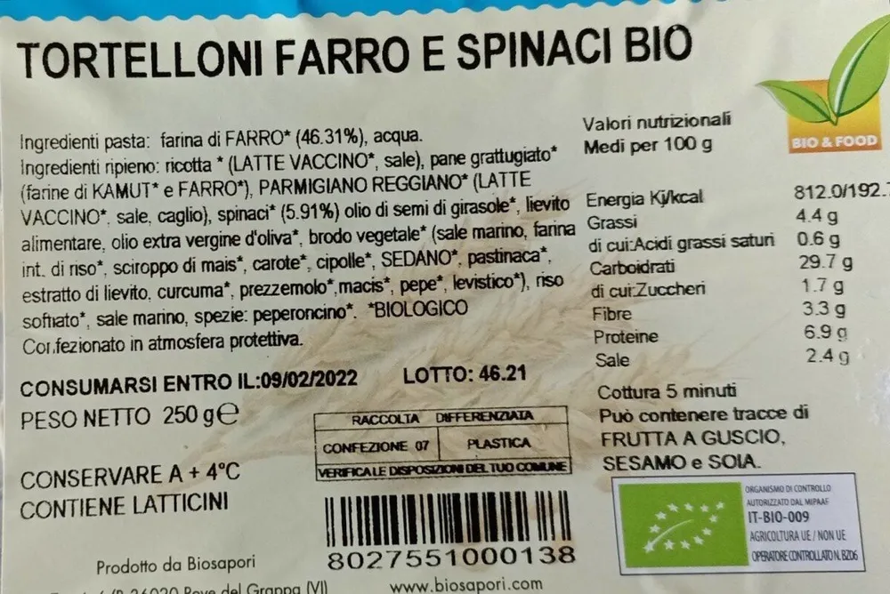 Tortelloni farro e spinaci bio