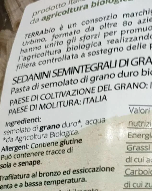Sedanini pasta semintegrale