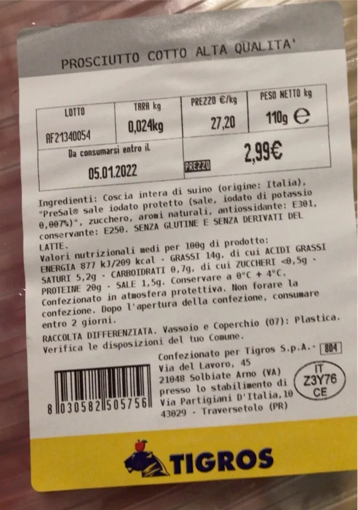 Prosciutto cotto Tigros alta qualità