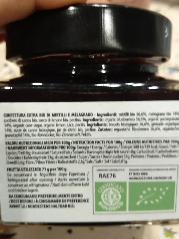 Confettura extra bio mirtilli e melograno