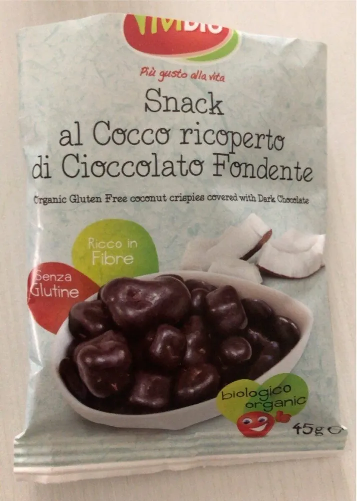 Snack al cocco ricoperto con cioccolato fondente