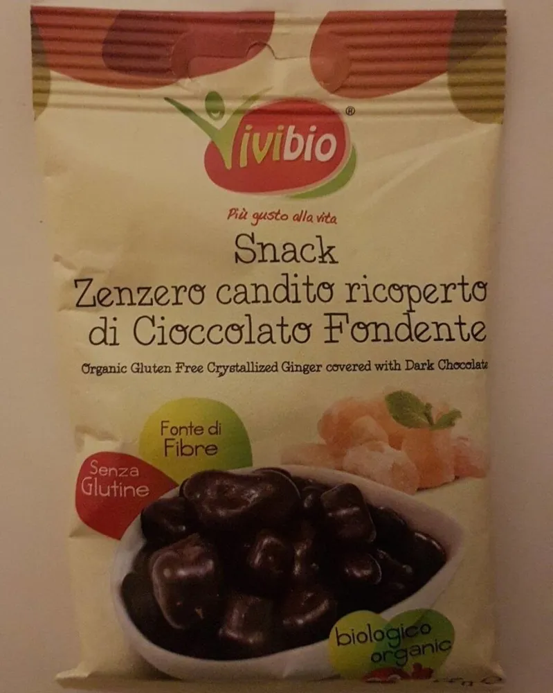 Snack zenzero candito ricoperto di cioccolato fondente