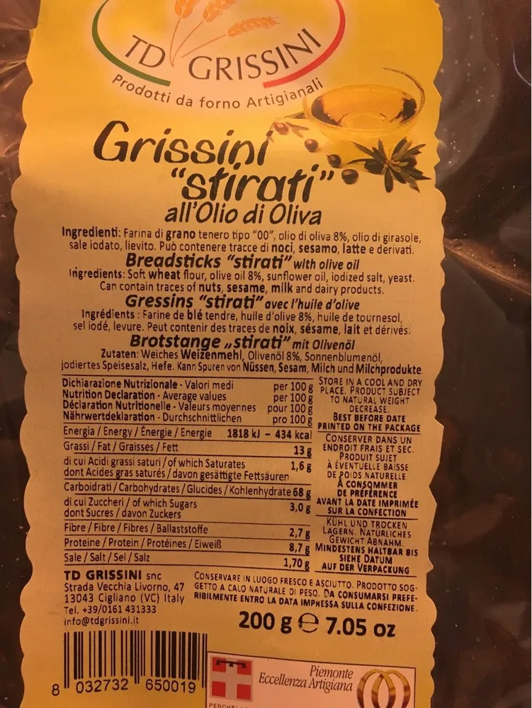 Grissini « Stirati » avec l'huile d'olive