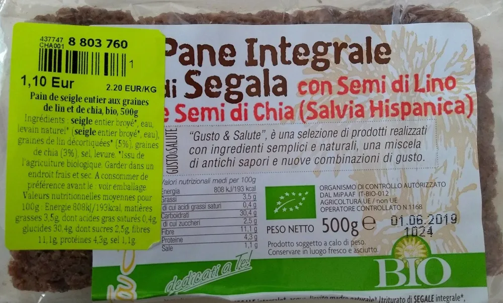 Pain de seigle entier aux graines de lin et de chia