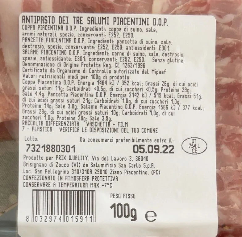 Antipasto dei tre salumi piacentini d.o.p.