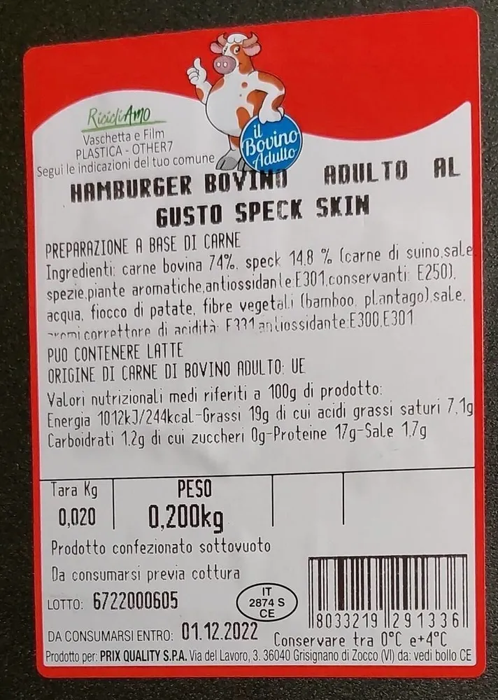 Hamburger bovino adulto al gusto speck skin
