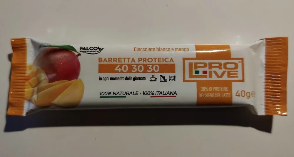 Barretta proteica prolive (cioccolato bianco e mango)