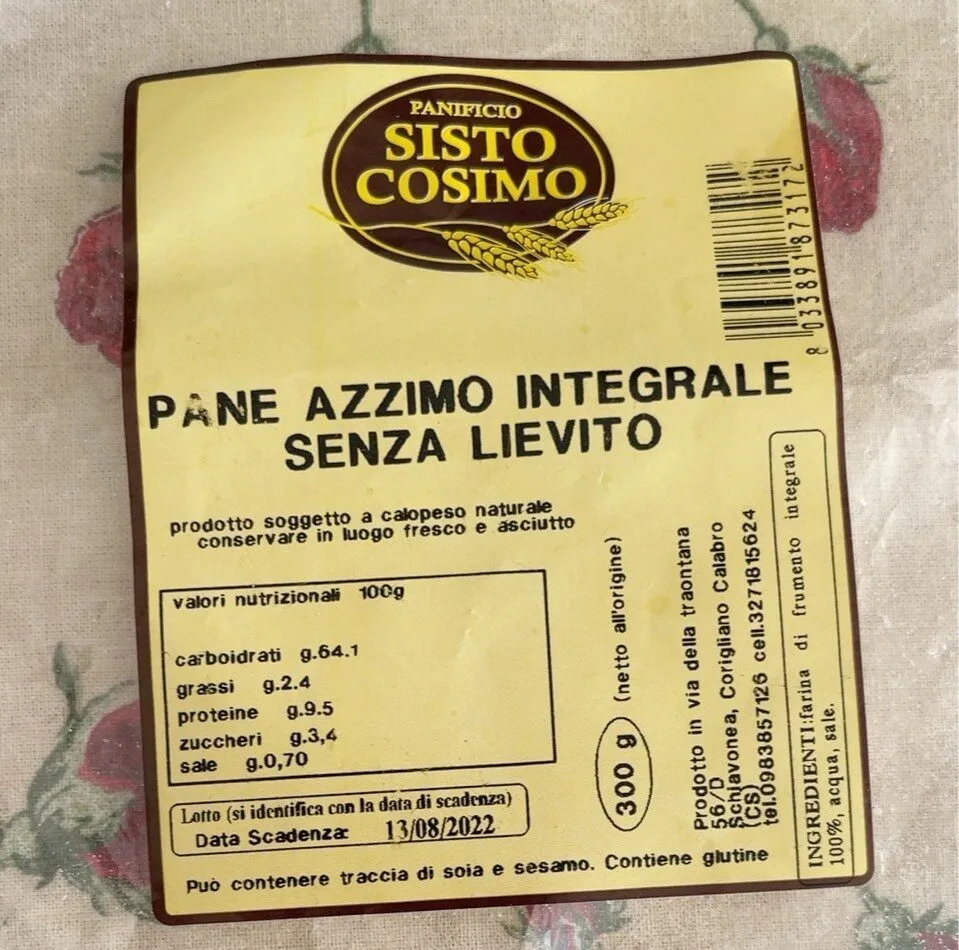 Pane azzimo integrale senza lievito