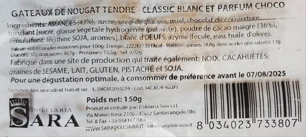 Gâteaux de Nougat tendre - Classic blanc et parfum chocolat