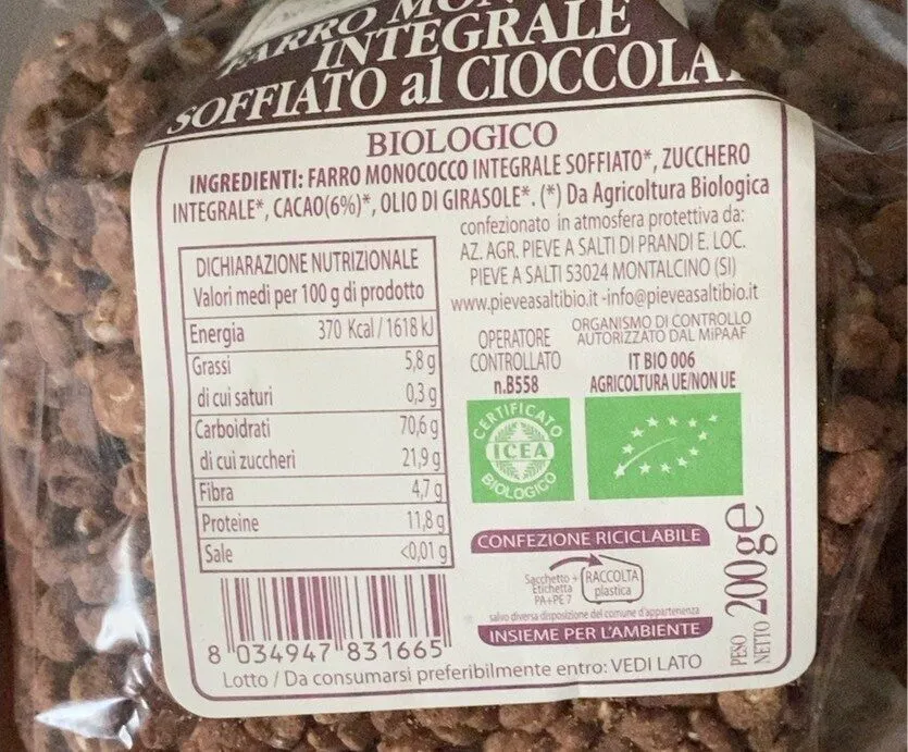 Farro monococco integrale soffiato al cioccolato