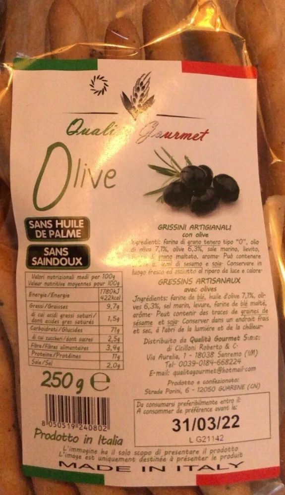 Gressins artisanaux avec olives