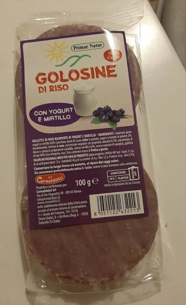 Golosine di riso con yogurt e mirtillo