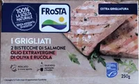 I grigliati 2 bistecche di salmone grigliati con olio extra vergine di oliva e rucola