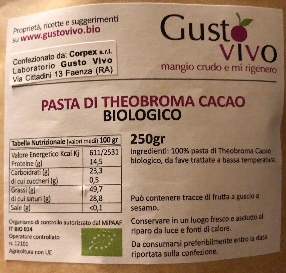 Pasta di theobroma cacao biologico