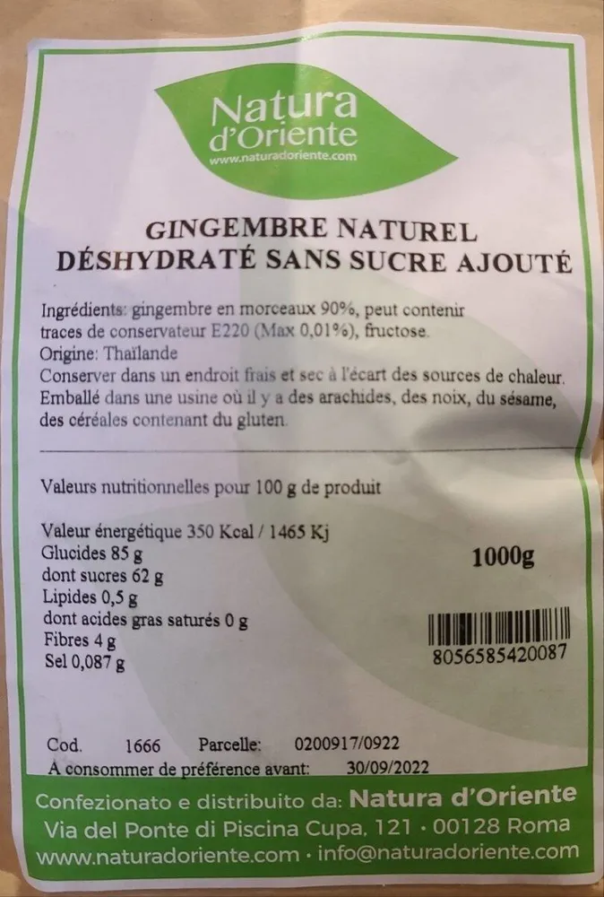 Gingembre naturel déshydraté sans sucre ajouté