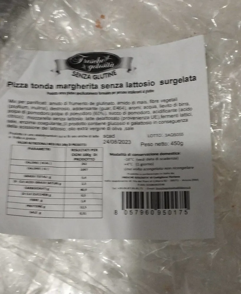 Pizza tonda margherita senza lattosio surgelata
