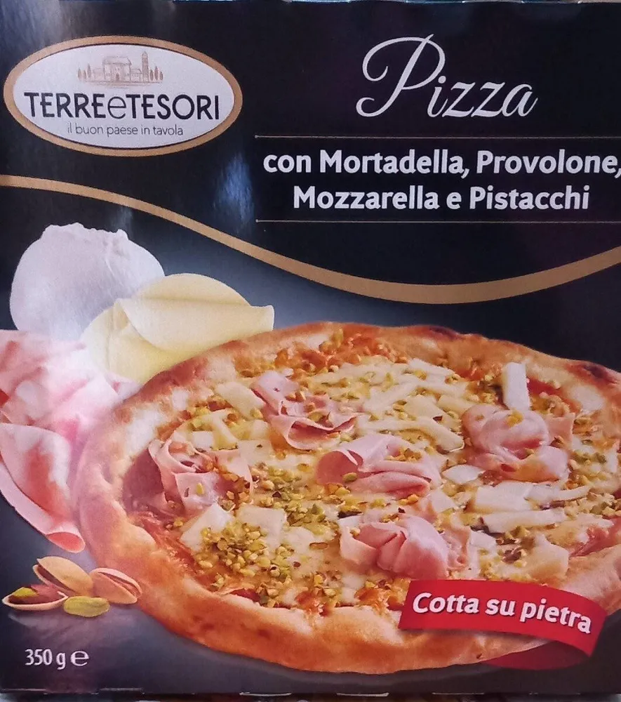 Pizza  con mortadella, provolone, mozzarella e pistacchi