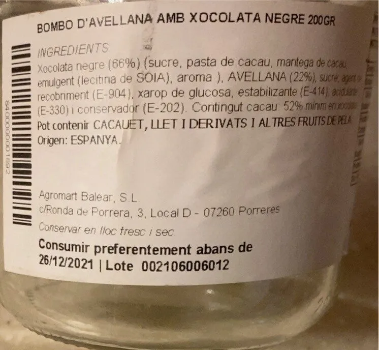 Bombó d’avellana amb xocolata negre 200gr