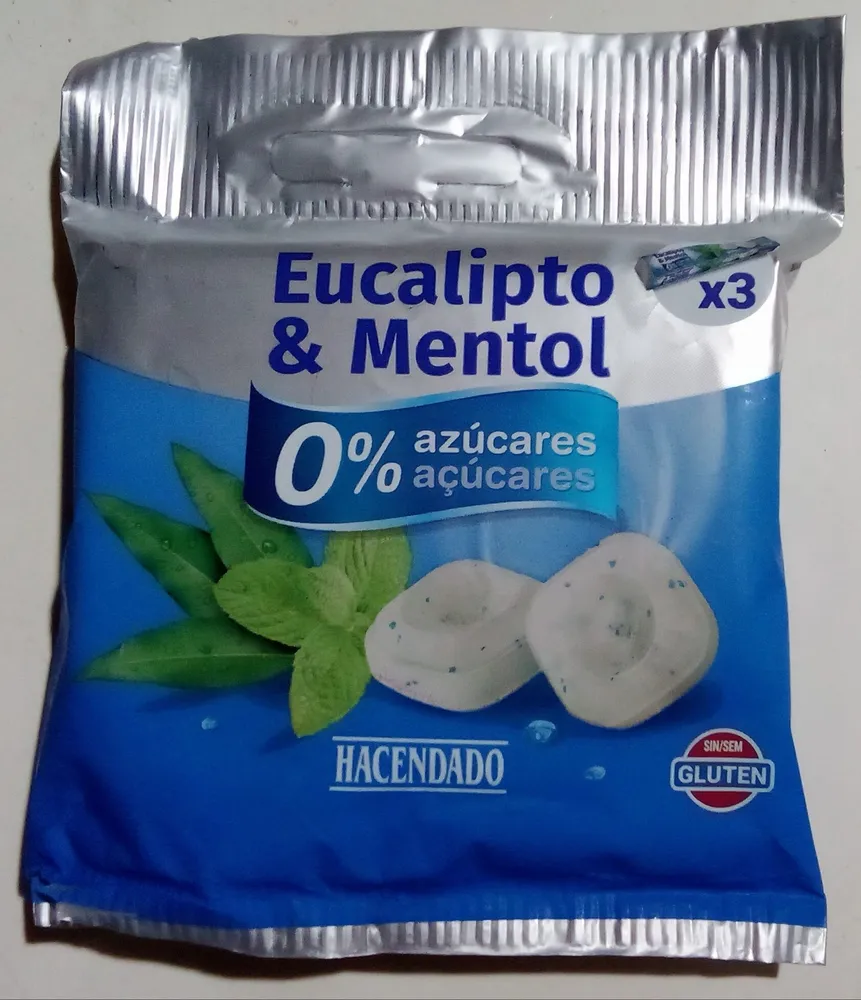 Rebuçado sem açúcar e com edulcorantes sabor mentol e eucalipto