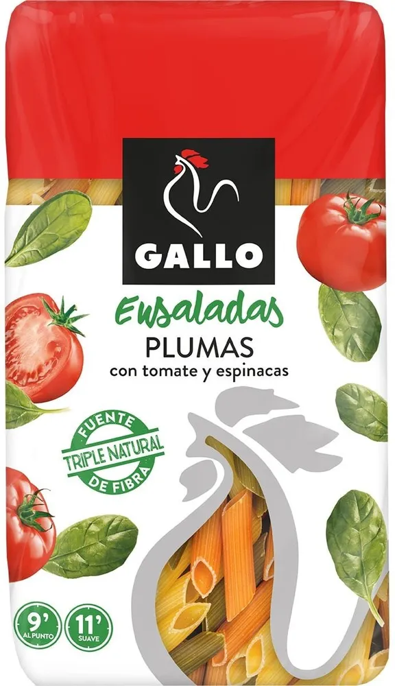 Fideos Plumas con tomate y espinacas