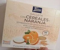 Galleta con cereales y naranja semibañada en chocolate blanco