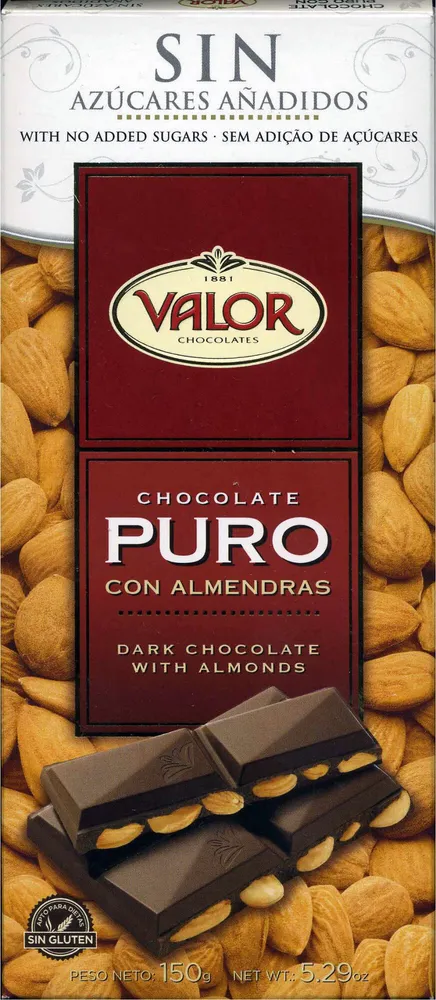 Chocolate puro con almendras enteras 0% azúcares añadidos