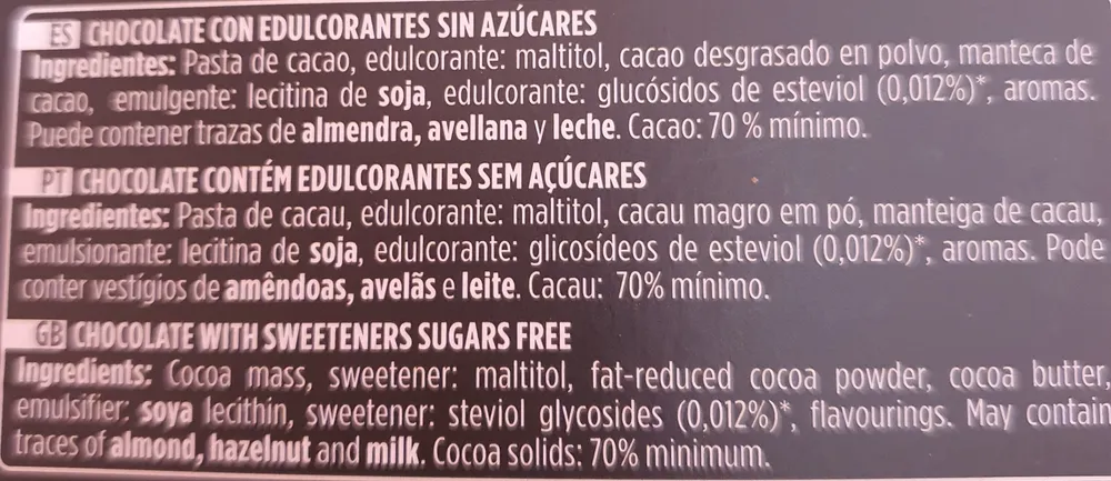 0% Chocolate Negro 70%, Stevia