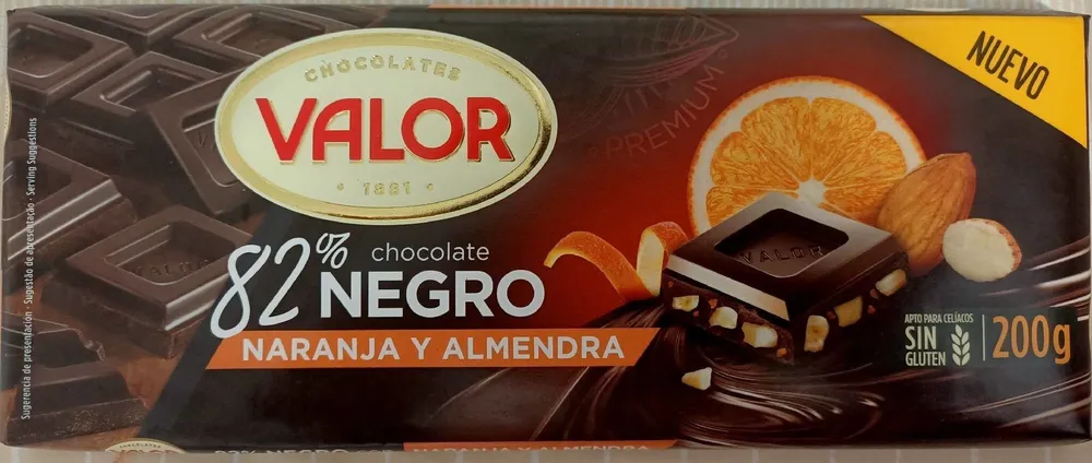 Valor Chocolate negro 82% con naranja y almendra
