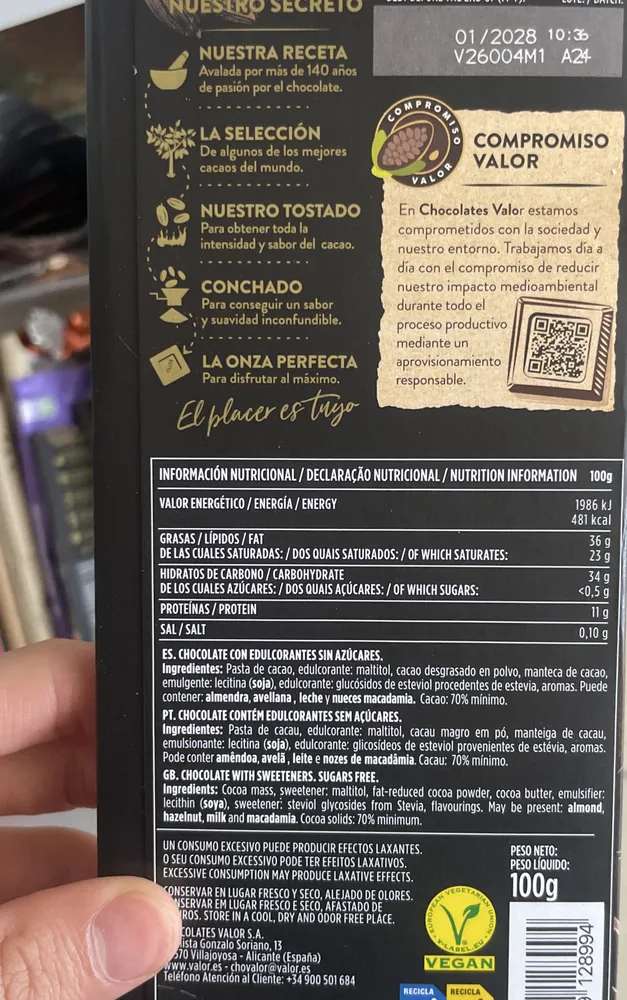 Chocolate 70% negro 0% azúcares añadidos