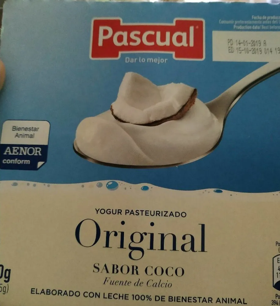 Yogur pasteurizado original sabor coco