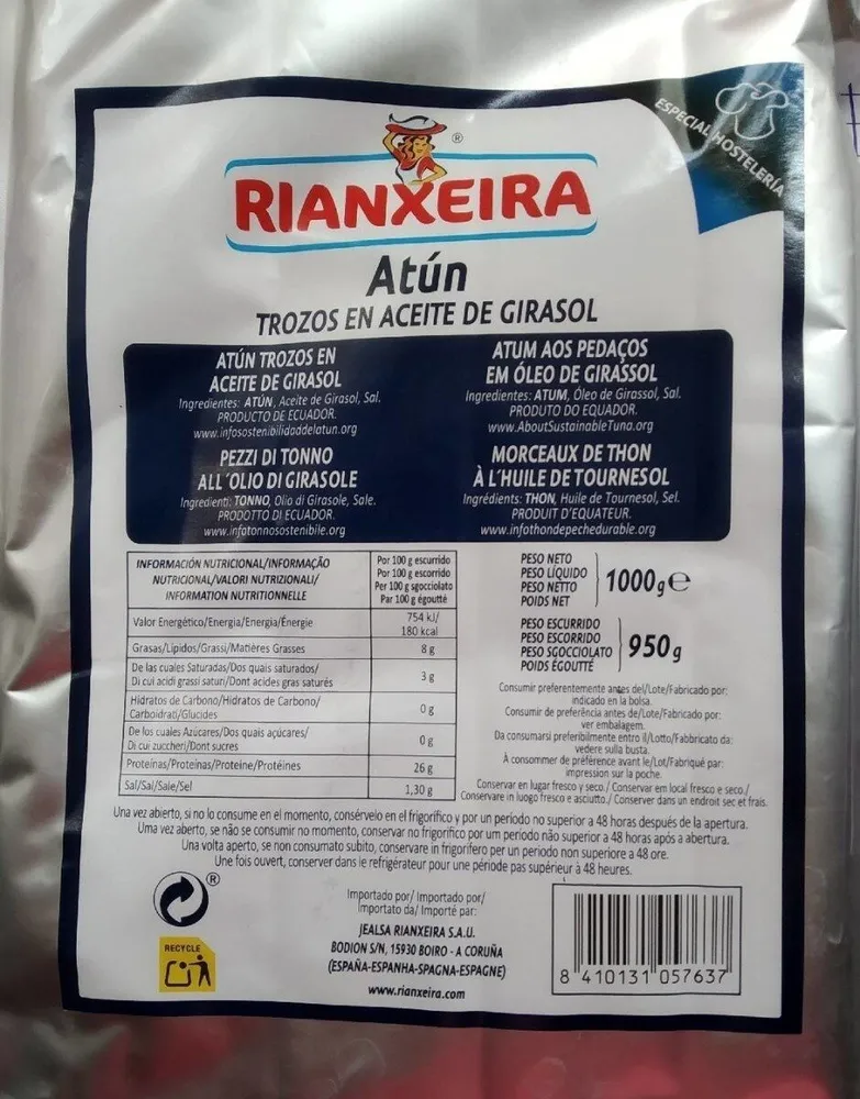 Trozos de atún en aceite de girasol
