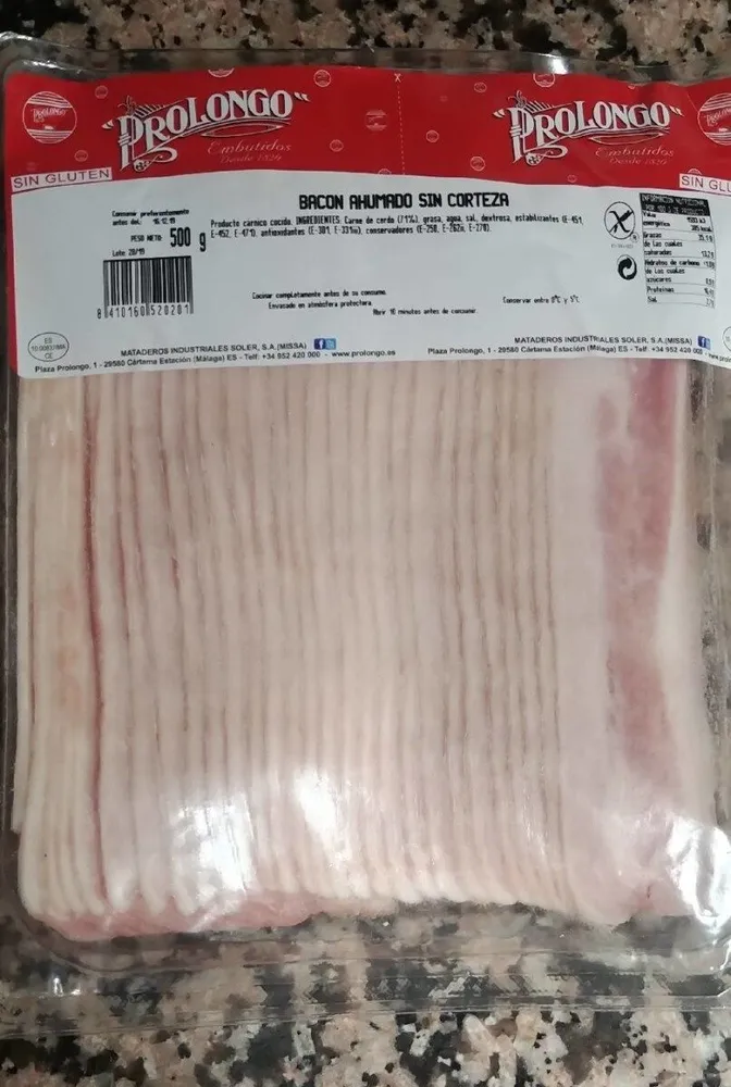 Bacon ahumado sin corteza