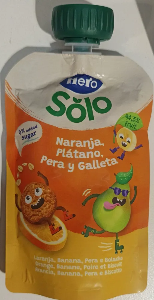 Naranja, plátano, pera y galleta