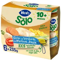 Guiso de verduras con merluza y pasta
