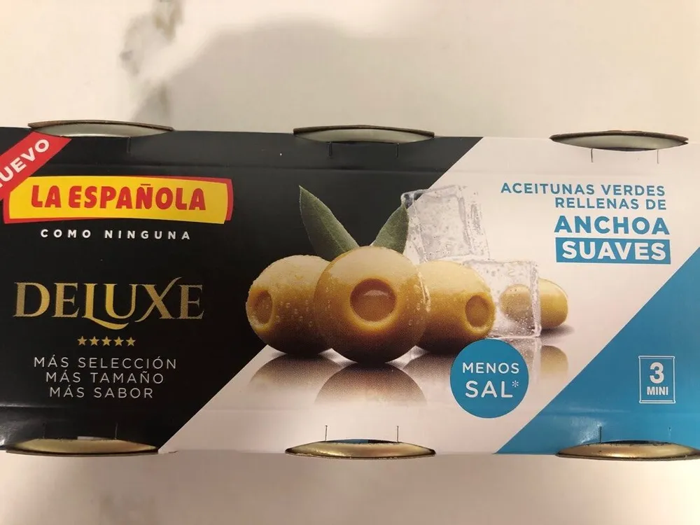 Deluxe aceitunas verdes rellenas de anchoa suaves con menos sal pack 3 latas 50 g