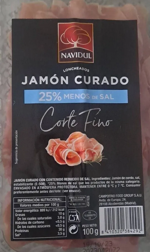 Jamón curado 25% menos sal