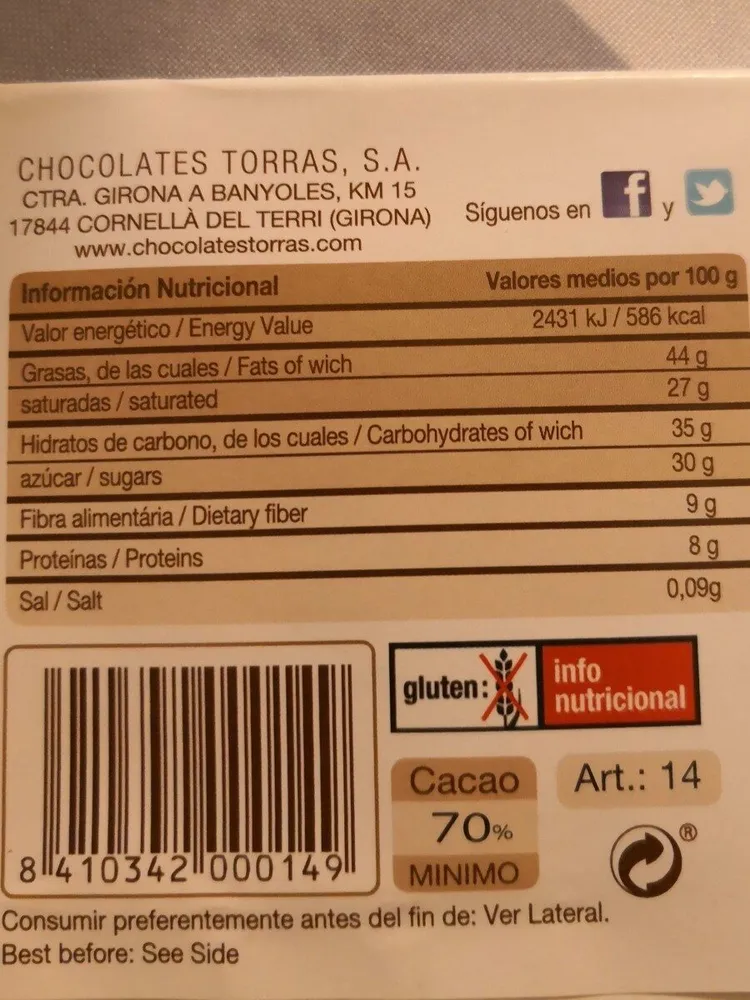 Xocolata Negra 70% Cacau Torras