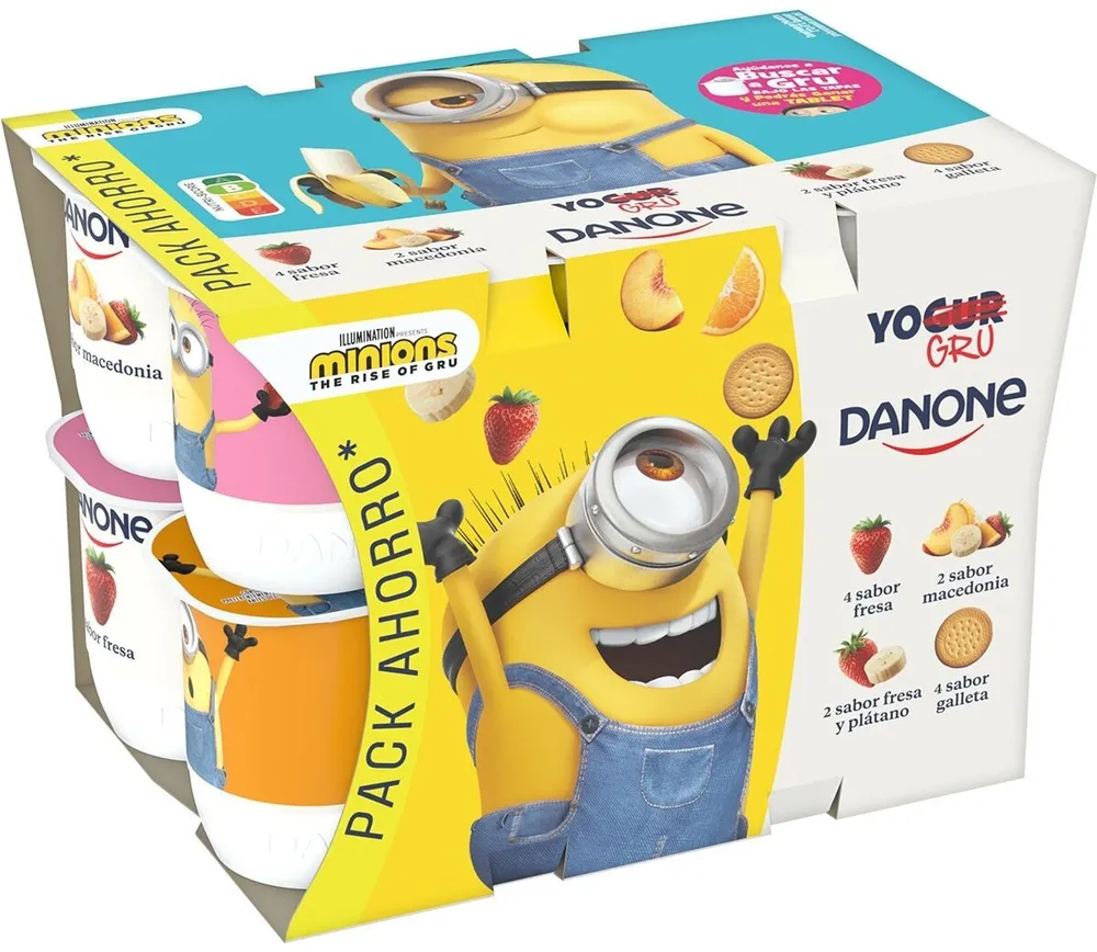 Yogur de sabores fresa, galleta, macedonia, fresa-plátano