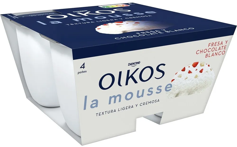 Oikos, mousse de fresa y chocolate blanco